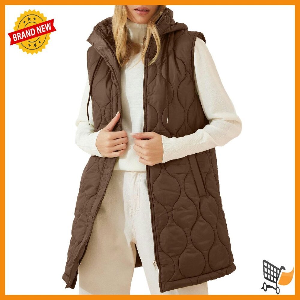 Long Hooded Puffer Vest Lightweight Quilted Winter Coat Sleeveless Zip Up
